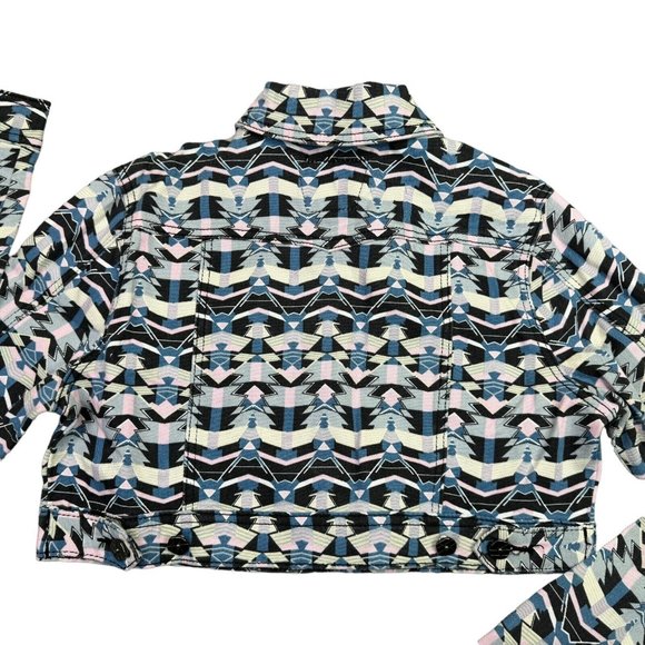 Hot Kiss Crop Top Denim Jacket 80s Retro Pastel Geometric Button Up Womens L - Picture 4 of 12